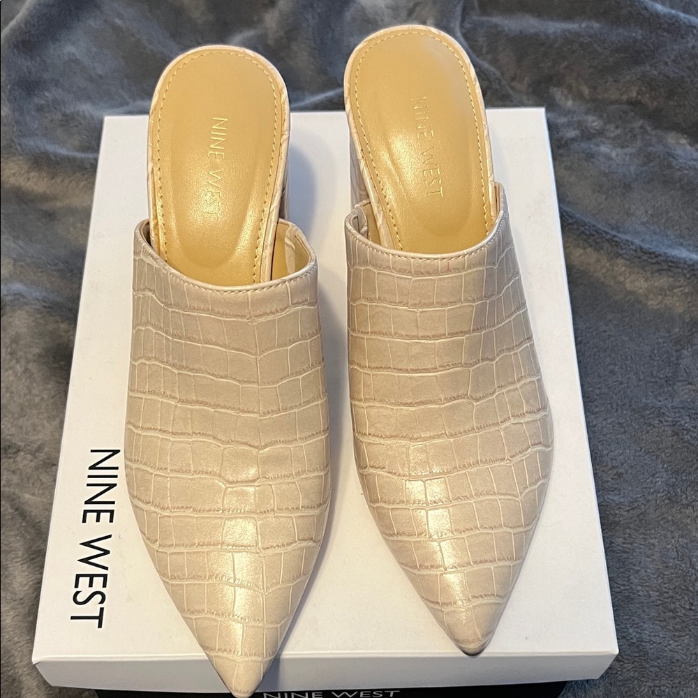 Nine West Beige Croc-Embossed Mules